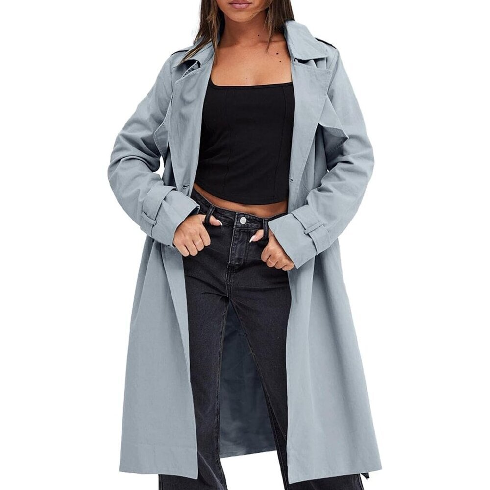 🆕Women's Blue Double-Breasted Trench Coat, Casual Windproof Overcoat with Belt